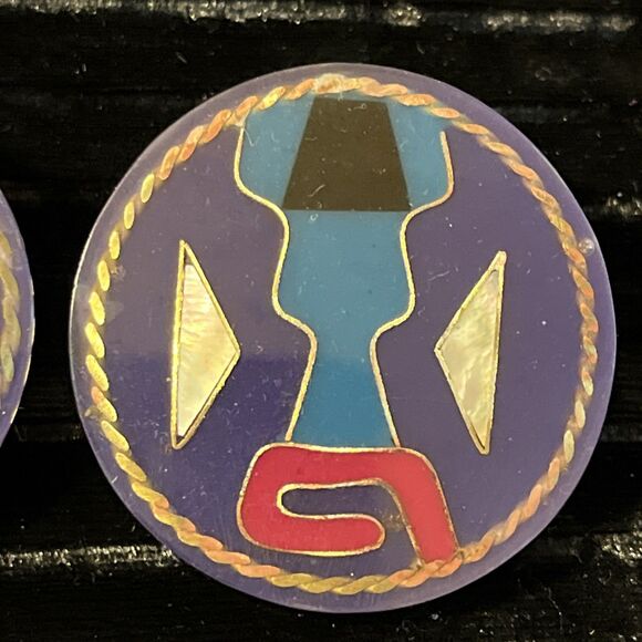 Unique Vintage Resin Acrylic Abalone MOP Inlay Southwestern Clip On Earrings - Picture 3 of 5